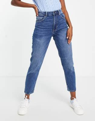 Bershka - Mom-Jeans in dunklem Stein-Blau