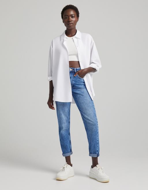 Bershka two tone 90s mom jeans in blue - ShopStyle