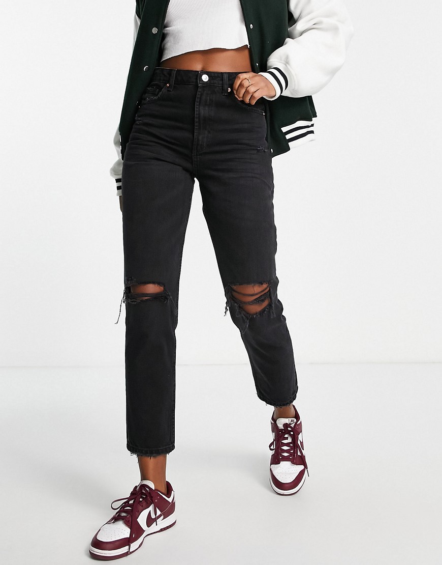 Bershka mom jeans with rips in black