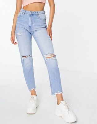 Bershka mom jeans with rips in light blue