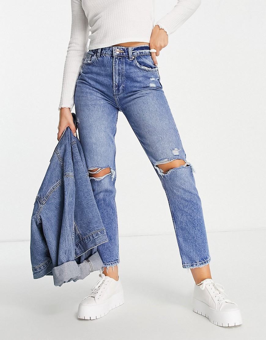 Bershka mom jeans with rips in mid blue