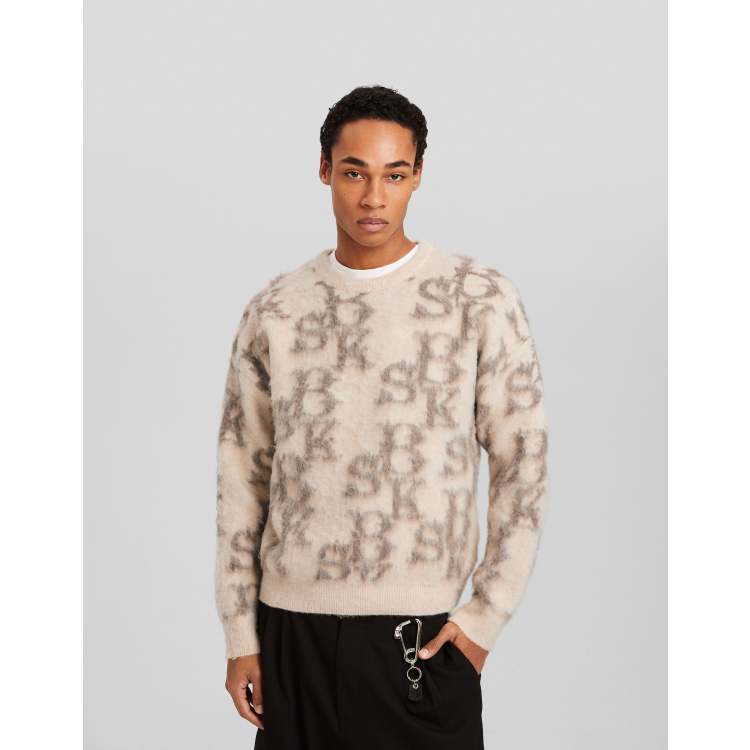 Bershka monogram knitted jumper in ecru ASOS