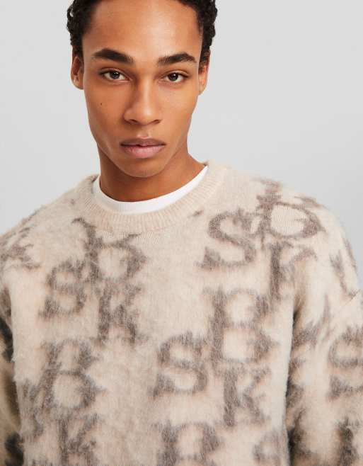 Bershka monogram knitted jumper in ecru