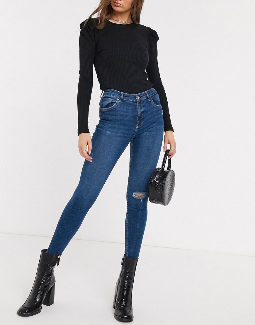 Bershka – Mörkblå skinny jeans med hög midja och revor på knäna