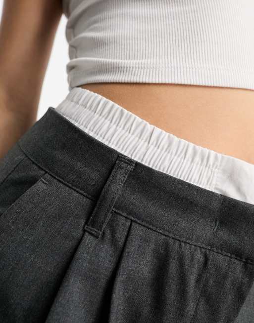 Bershka – Mörkgrå, figursydda byxor med boxershorts-midjeband och vida ben, 2 av 4