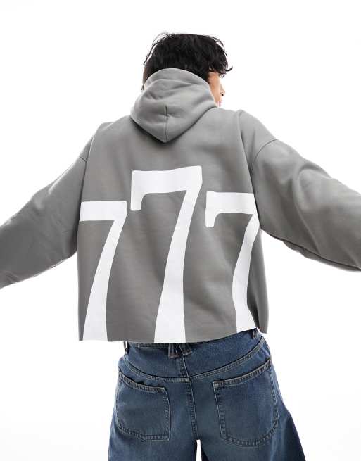 Bershka – Mörkgrå hoodie med boxig passform och tryck baktill 