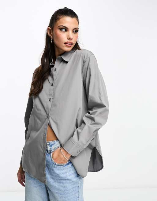 Bershka – Mörkgrå poplinskjorta i oversize