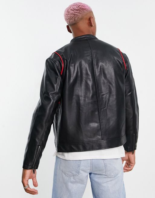Beige Web-stripe leather jacket, Gucci