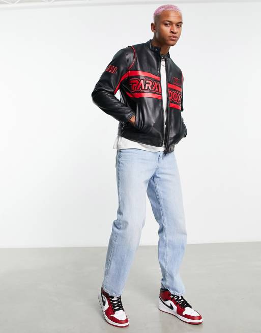 Bershka motocross faux leather jacket in black | ASOS