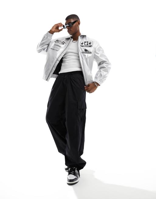 Bershka motocross metallic bomber jacket in silver | ASOS
