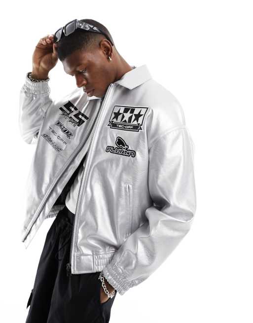 Bershka - Motocross - Metallisk sølvfarvet bomber-jakke 