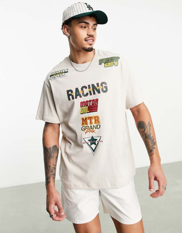 Bershka motocross racing graphic print T-shirt in stone