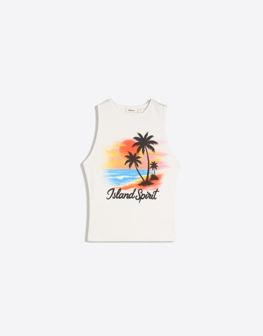 Bershka - Mouwloos T-shirt met print in wit, 4 van 4