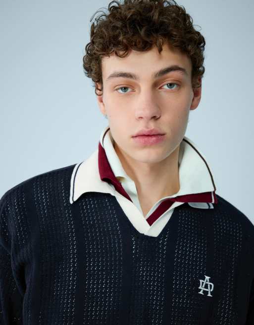 Bershka - Mørkeblå poloskjorte med korte ærmer og print, 2 af 4