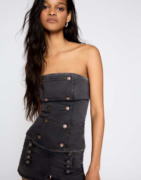 Bershka - Mørkegrå bandeau-top med knapper - view 1