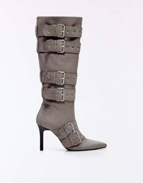 Bershka Multi-buckle heeled boots in grey - view 1