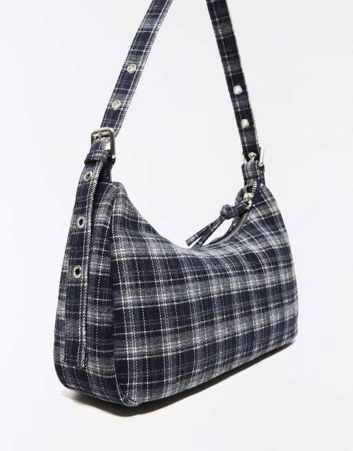 Bershka Multi-pocket checked bag in blue, 2 of 4