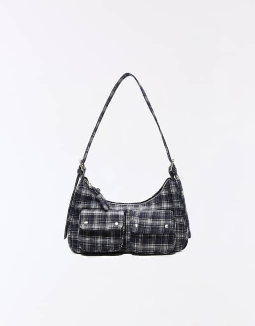 Bershka Multi-pocket checked bag in blue, 3 of 4