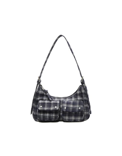 Bershka Multi-pocket checked bag in blue, 4 of 4