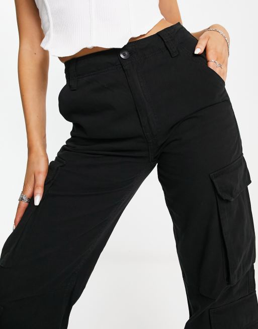 Bershka straight leg cargo trousers in black