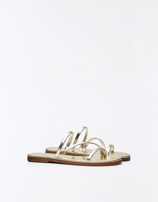 Bershka Multi-strap flat slider sandals in gold, 2 of 4