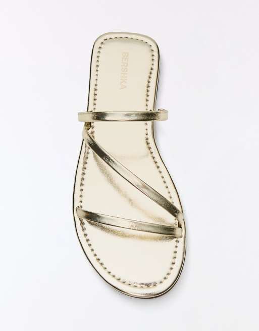 Bershka Multi-strap flat slider sandals in gold, 4 of 4