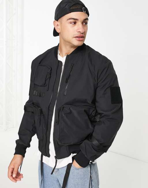 Bershka multipocket bomber jacket in black | ASOS