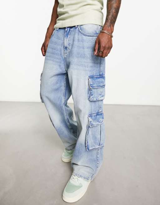 Bershka multipocket cargo jeans in washed blue ASOS