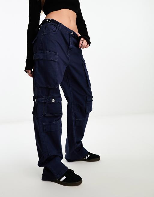 Bershka straight leg cargo pants in graphite blue