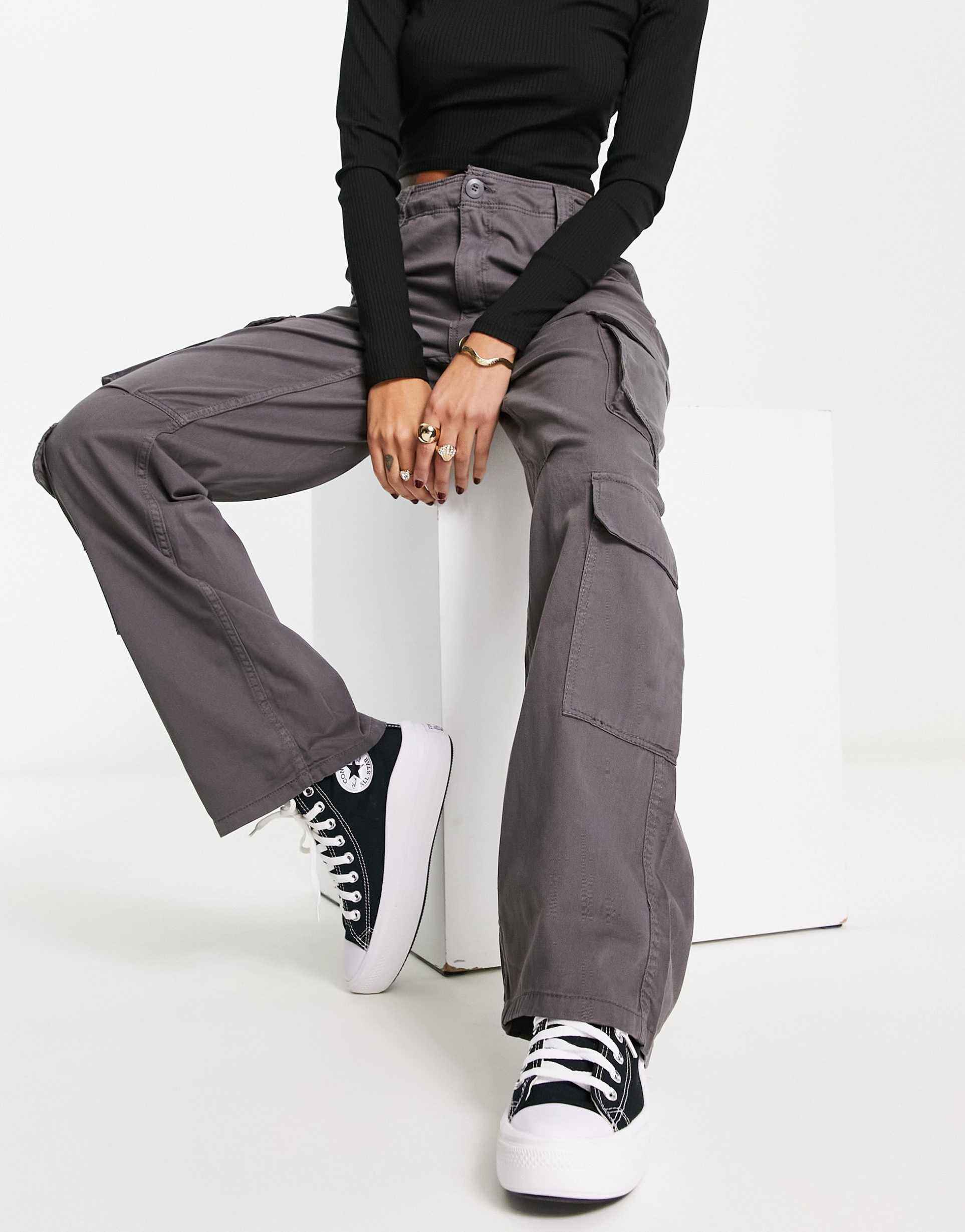 Bershka multipocket cargo trousers in dark grey