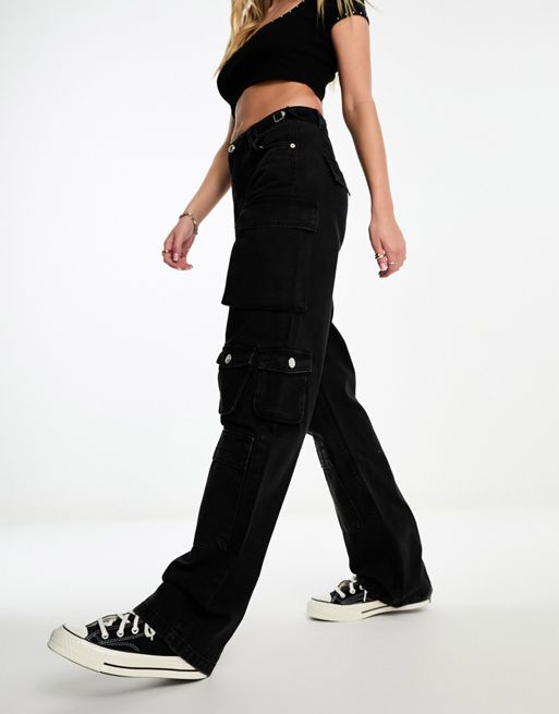 Bershka straight leg cargo trousers in black