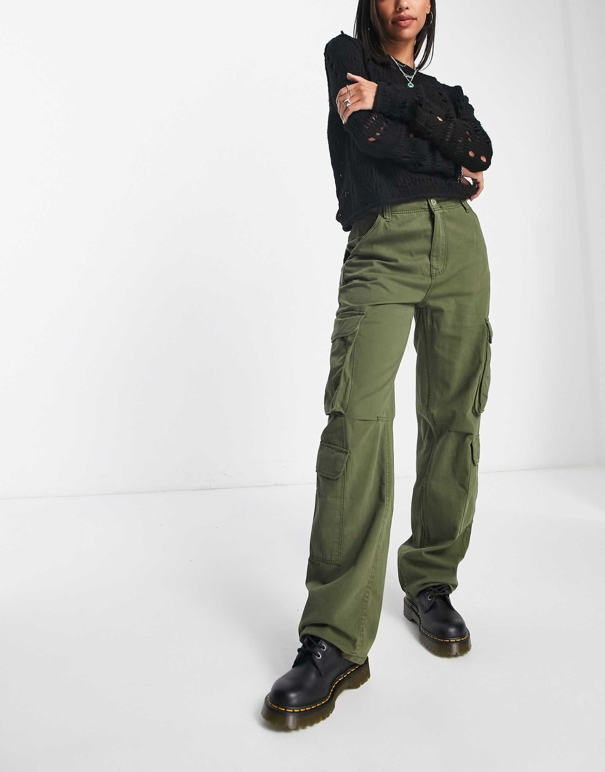 Bershka multipocket cargo trousers in light khaki