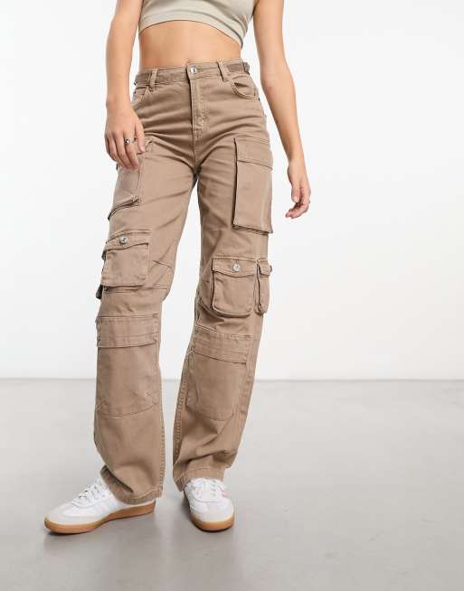 Bershka multipocket cargo trousers in light khaki