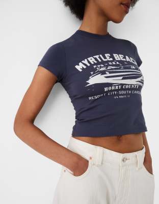 Bershka 'Myrtle Beach' graphic baby tee in navy-Blue