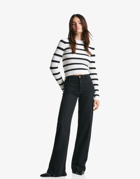 Bershka – Nahtlose Jeans in Schwarz mit weitem Bein und Taschen - view 1