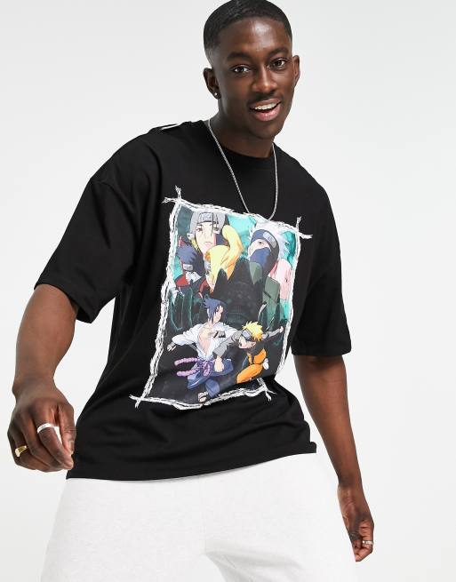 Bershka Naruto oversized front back print T shirt in black