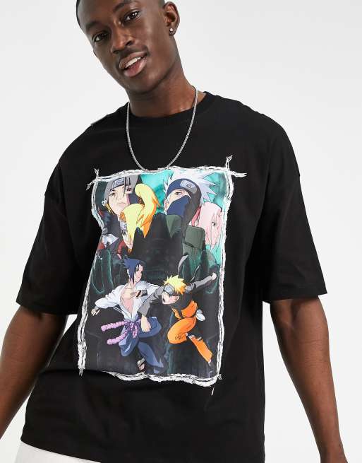 Bershka Naruto oversized front back print T shirt in black