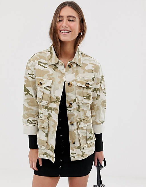 Bershka natural camo army jacket in beige | ASOS