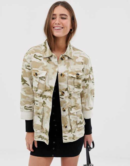 Bershka natural camo army jacket in beige | ASOS