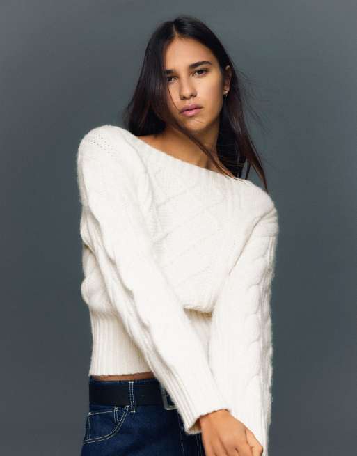 Bershka – Naturvit, flätstickad tröja med båtringning, 2 av 4