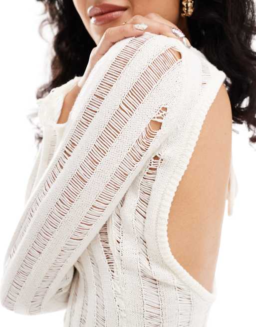 Bershka – Naturvit, hålstickad miniklänning med öppen rygg, 2 av 4