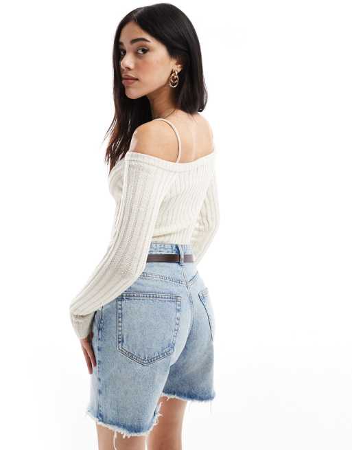 Bershka – Naturvit, ribbad, stickad topp med spetsig kant, 4 av 4