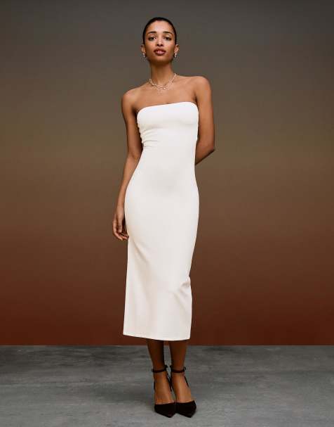 Bershka – Naturvit, stickad midiklänning med bandeau-ringning - view 1