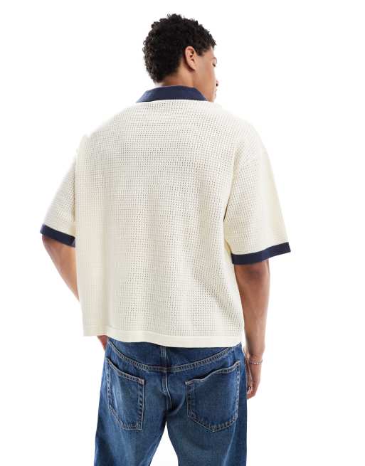 Bershka – Naturvit, stickad pikétröja med krage i retrostil, 4 av 4