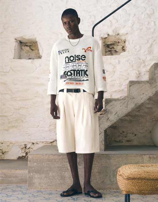 Bershka – Naturvit t-shirt med boxig passform och racingtryck, 2 av 4