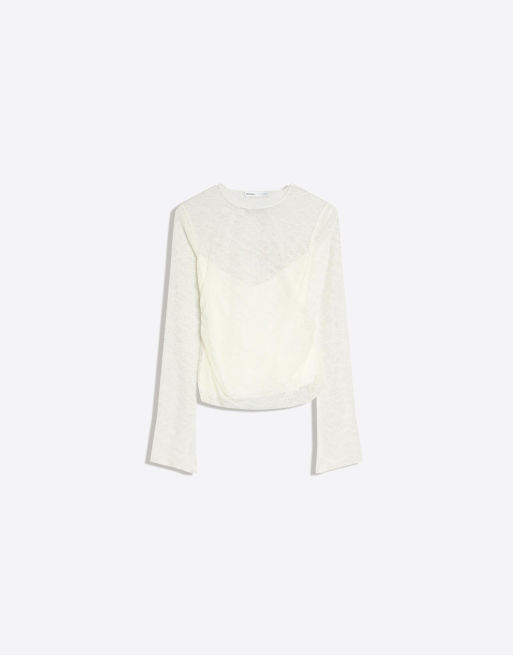 Bershka – Naturvit t-shirt med långa ärmar i spets, 4 av 4