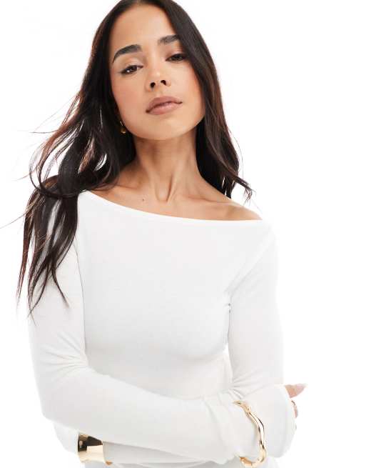 Bershka – Naturvit t-shirt med långa ärmar och rynkning i sidan