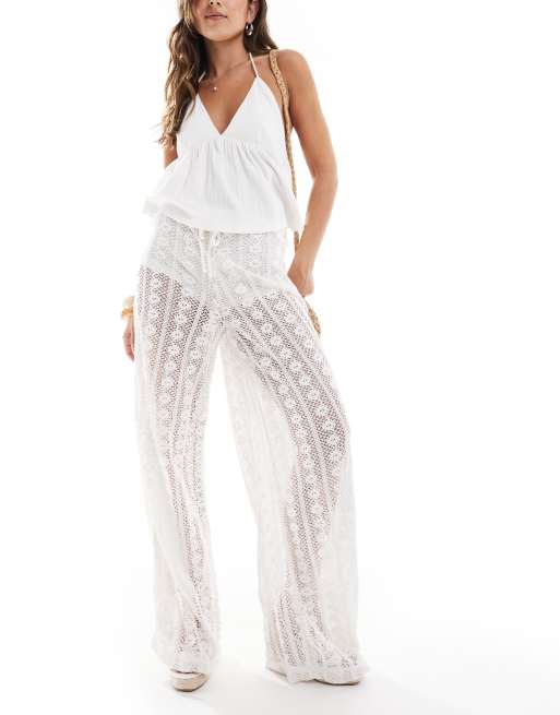Bershka – Naturvita, virkade byxor med vida ben