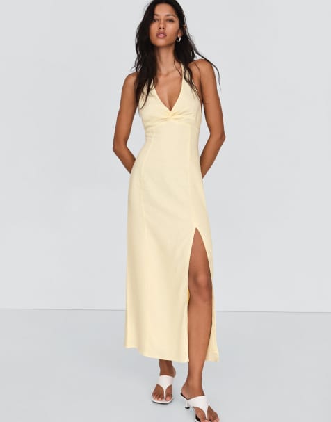 Bershka – Neckholder-Midikleid in Gelb mit Leinenanteil - view 1