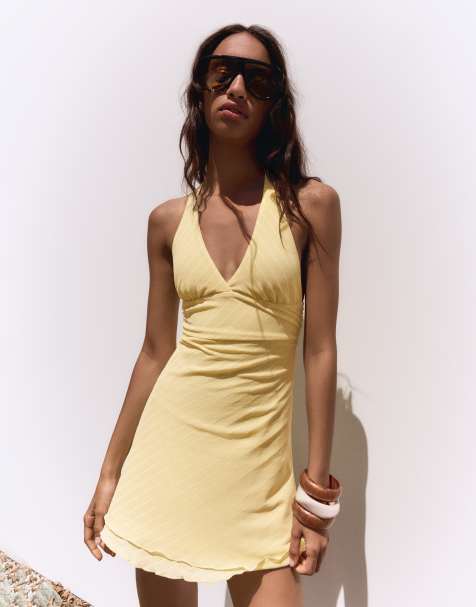 Bershka – Neckholder-Minikleid in Gelb gestreift - view 1